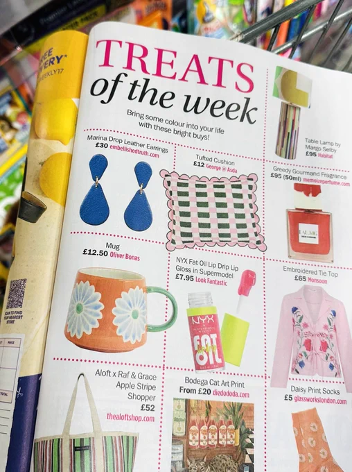 Image of the inside page of My Weekly magazine with the heading ‘Treats of the week’ and ten colourful products from fashion to homewear. Underneath the heading are Embellished Truth’s blue leather teardrop shaped earrings.