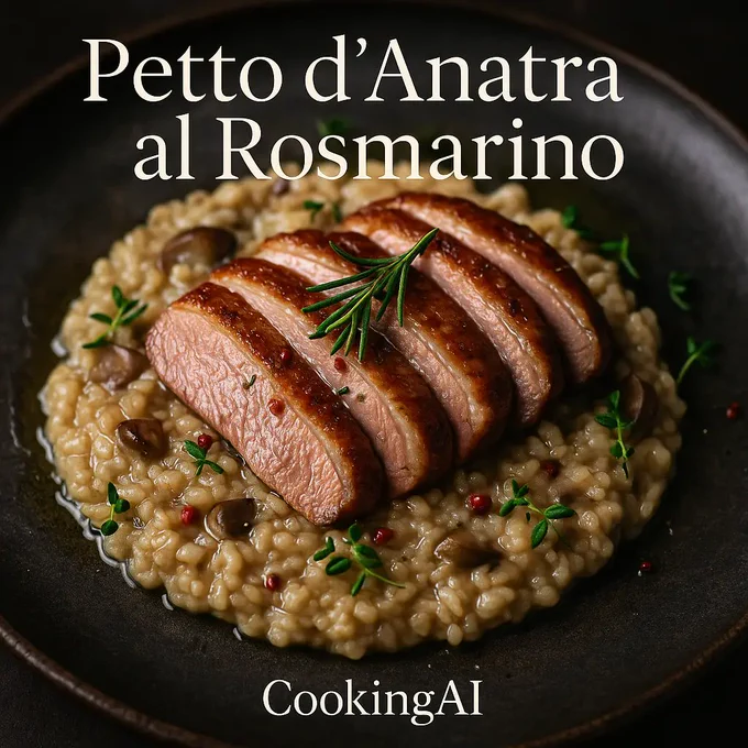 Fette di petto d’anatra rosate con crosta dorata, adagiate a ventaglio su un risotto Carnaroli cremoso ai funghi porcini, decorato con rosmarino fresco e granelli di pepe rosa.