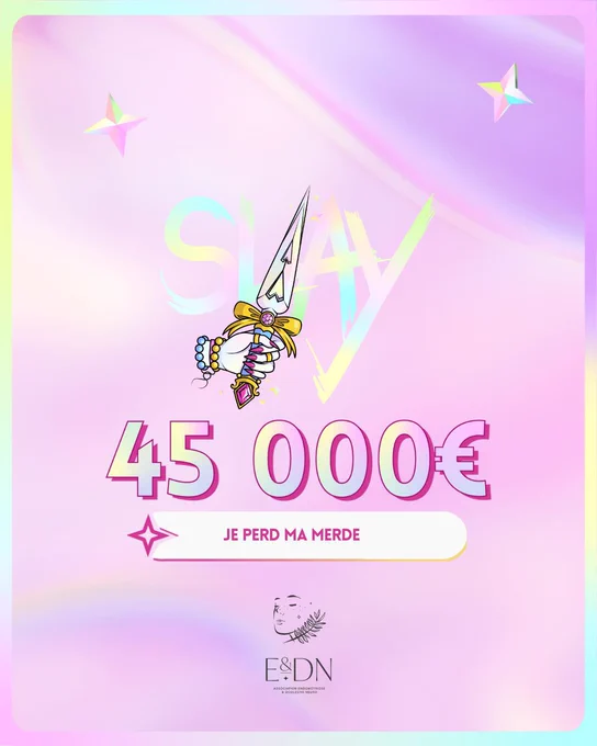 Visuel avec la dague de slay plus un texte qui dit « je perd le merde » qui annonce que le pallier des 45 000€ on été atteint