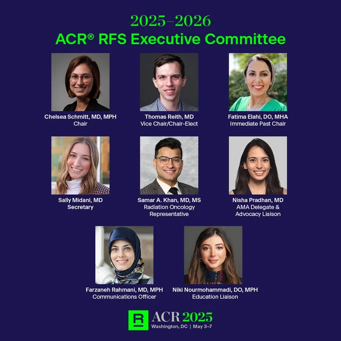 Group portrait of the ACR® RFS Executive Committee for 2025-2026. The image includes portraits of eight committee members with their names and titles below each photo. The event details 'ACR 2025; Washington, DC | May 3-7' are displayed at the bottom.