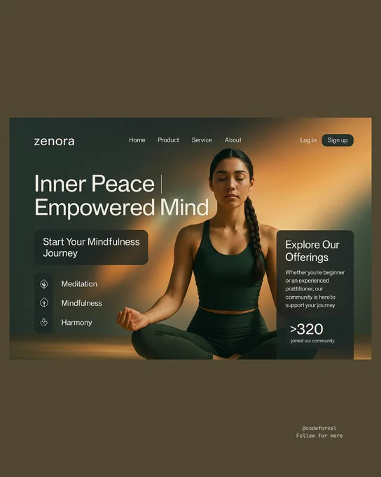 A hero section design for a mindfulness platform called "Zenora," featuring a calm male figure meditating in natural indoor light. The layout is modern and flat-edged with no rounded corners, and includes clean UI elements like navigation, categories, and a CTA. The tagline “Find Balance. Feel Alive.” reinforces the serene vibe.