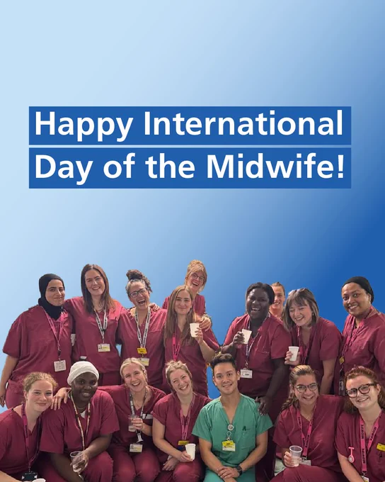 Happy International Day of the Midwife! The image shows a diverse mix of midwives all arm in arm and smiling.