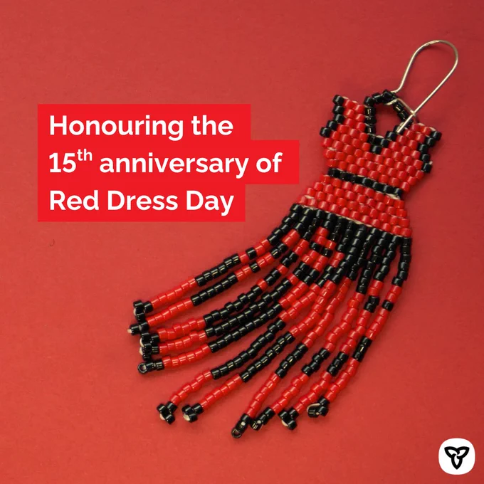 Copy: Honouring the 15th anniversary of Red Dress Day
Alt text: Beaded earring of a red dress with black accents