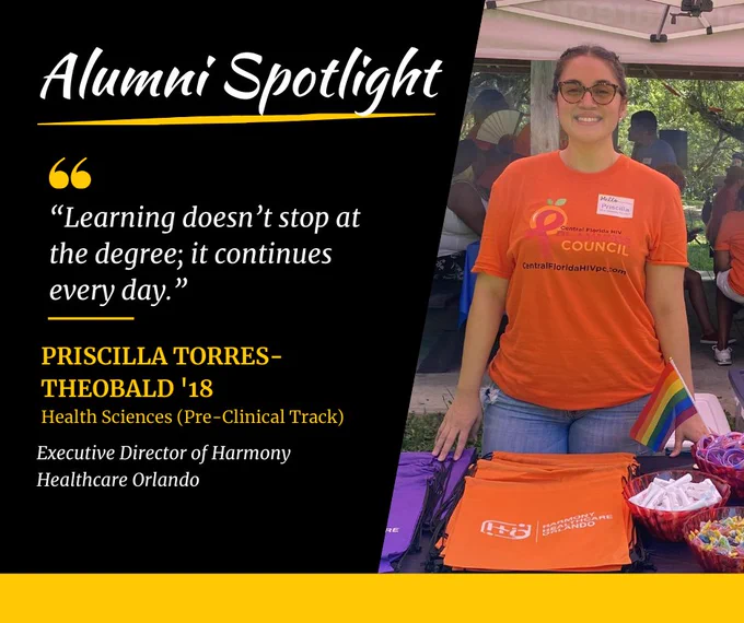 A photo of Priscilla Torres-Theobald, Execute Director of Harmony Healthcare, a  nonprofit healthcare organization in Orlando, FL, and a 2018 graduate of the UCF Department of Health Sciences. Priscilla is shown working at a community event to advertise the services provided by Harmony Health.