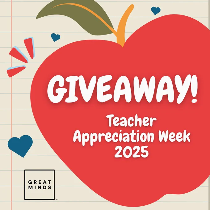 This is a Giveaway Announcement for Teacher Appreciation Week. The text is written on an apple with decorative elements, and the Great Minds logo is in the bottom left corner.