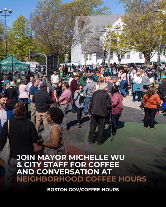group of people gathered for neighborhood coffee hour in Jamaica Plain on a spring day