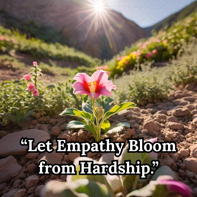 A vibrant pink and white lily blooms resiliently amidst a rocky terrain, surrounded by scattered wildflowers in shades of pink and yellow. The sun shines brightly overhead, casting a warm glow over a lush, green valley framed by rugged mountains. The text "Let Empathy Bloom from Hardship." is overlaid in bold white letters with a black outline, emphasizing the flower's perseverance in a challenging environment.