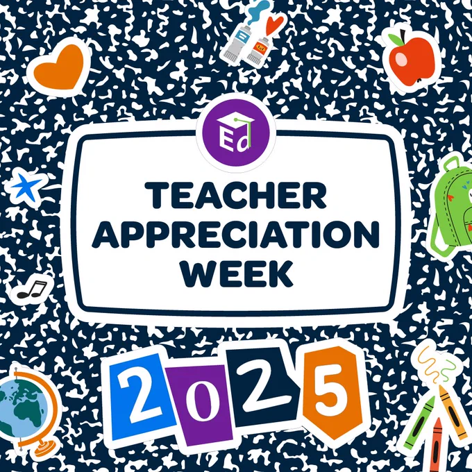 Illustration of a notebook cover with text: "Teacher Appreciation Week 2025"