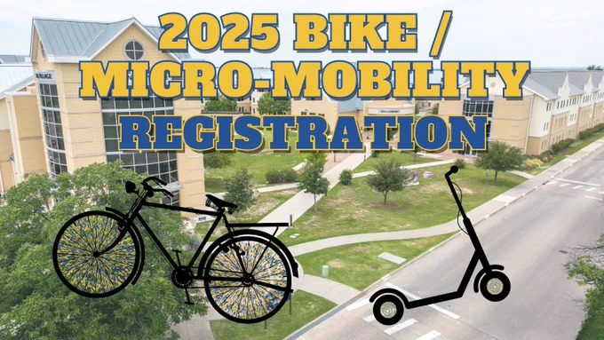 An image with an Angelo State University Residence Hall in the background, with the title 2025 Bike/Micro-mobility Registration.