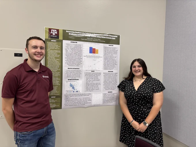 Two individuals standing beside a research poster titled "Assessing Biodiversity Patterns of Hymenoptera Across Urbanization Gradients in Bryan-College Station Using Citizen Scientists Data" at Texas A&M University.