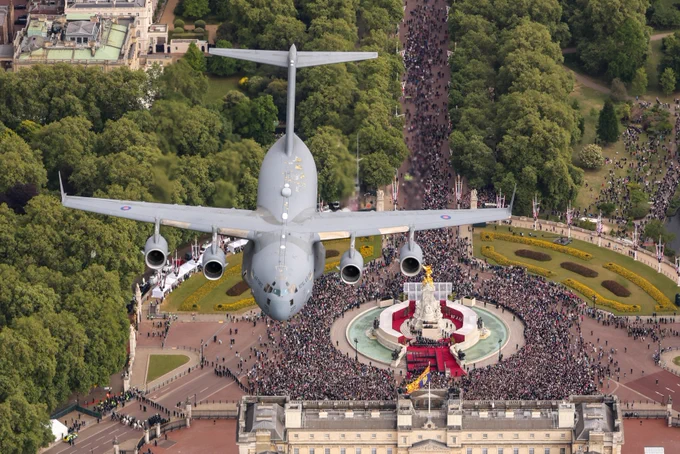 Royal Air Force aircraft fly over the Mall for VE Day 80