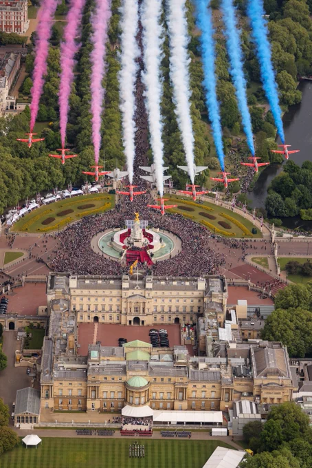 RAF aircraft fly over the Mall for VEDay 80
