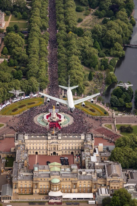 RAF aircraft fly over the Mall for VEDay 80