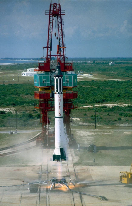 The Mercury-Redstone 3 rocket lifts off from the launchpad at Cape Canaveral, Florida, on May 5, 1961. Astronaut Alan Shepard was aboard the Freedom 7 spacecraft at the top of this launch vehicle. Credit: NASA