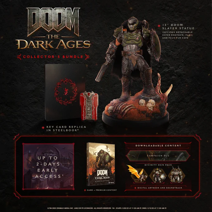Image for follow and repost sweepstakes for DOOM: The Dark Ages Collector’s Bundle, featuring a 12” DOOM Slayer statue, Red Keycard, Steelbook, and Premium Edition.