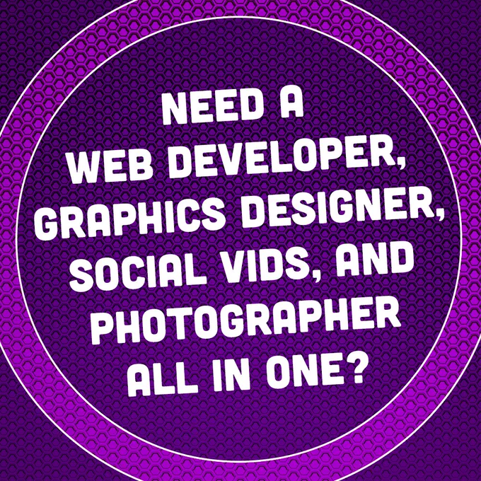 A dark purple background with a light purple circle that has white text inside. The text says "Need a web developer, graphics designer, social visa, and photographer all in one?"