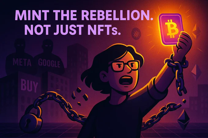 Illustration of a determined woman breaking free from heavy chains, holding up a glowing NFT card with the Bitcoin symbol. In the background, shadowy figures labeled “Meta” and “Google” loom over buildings with the word “BUY.” The surrounding color palette transitions from dark purple oppression to a bright orange glow of empowerment. Bold headline text reads: “MINT THE REBELLION. NOT JUST NFTs.” This image symbolizes individuals reclaiming their data and digital freedom through decentralized technology and the FameGuild movement.
