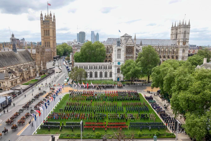 UK Armed Forces, joined by NATO, Commonwealth and Ukrainian Armed Forces, line up in Parliament Square. 