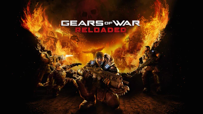 Marcus Fenix kneeling with a Lancer against wings of fire with the rest of Delta Squad behind him. Text at the top reads: "Gears of War: Reloaded."  