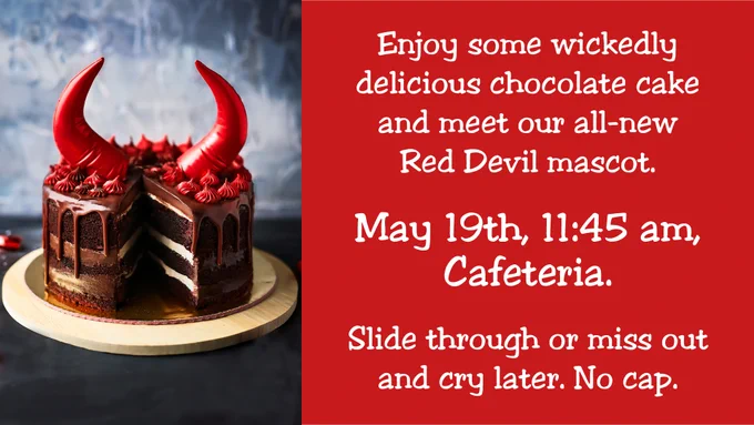 Red Devils Food cake day. Come by the LCC Cafeteria May 19th at 11:45am for some devils food cake and our all-new Red Devil Mascot!