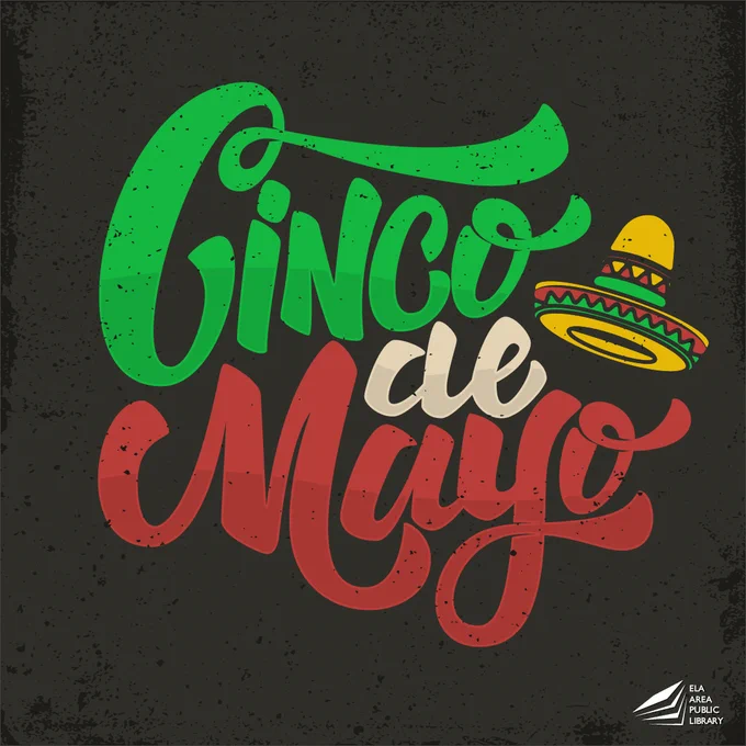Cinco De Mayo in red, green, and white lettering. A colorful sombrero sits atop the O in “Mayo”