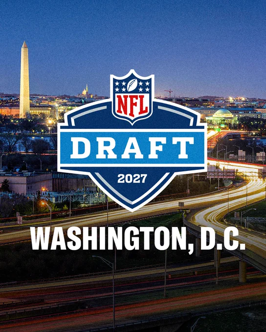 NFL Draft graphic. The center has the 2027 NFL Draft logo and below that it says "Washington, D.C." The background is a photo of downtown D.C.
