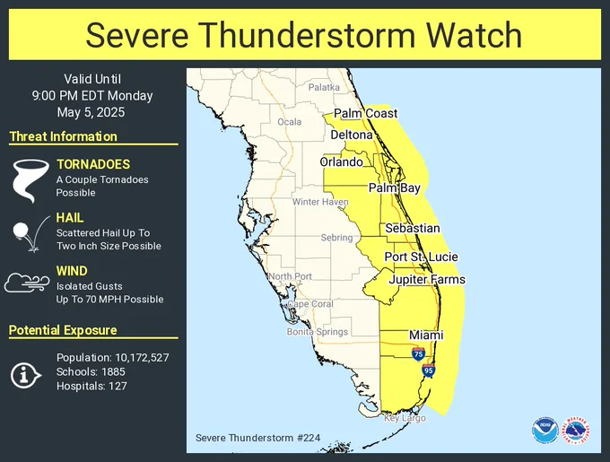 This graphic displays Severe Thunderstorm watch number 224 plotted on a map. The watch is in effect until 9:00 PM EDT. The watch includes parts of Florida. The threats associated with this watch are a couple tornadoes possible, scattered hail up to two inch size possible and isolated gusts up to 70 mph possible. There are 10,172,527 people in the watch along with 1885 schools and 127 hospitals.
