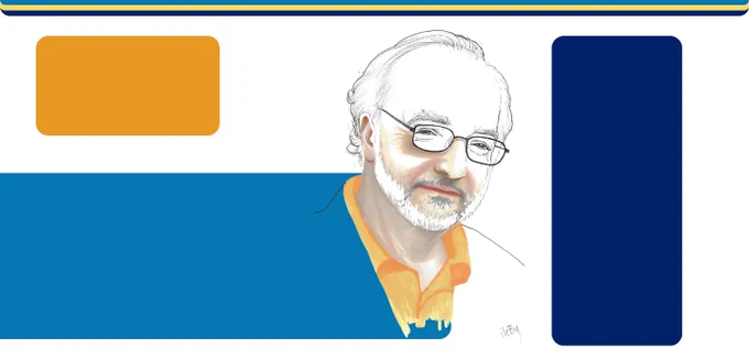 An illustration of Herbert Kitschelt based on a photograph set inside an abstract graphic design.