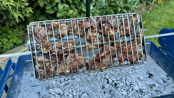Barbecue ribs cooked on the Cyprus BBQ rotisserie basket grill.