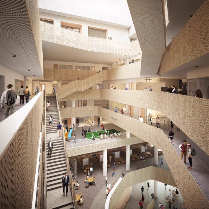 A computer render of the interior of the new computer science, information science, and statistics building. A staircase crosses an open atrium with visibility across multiple floors 