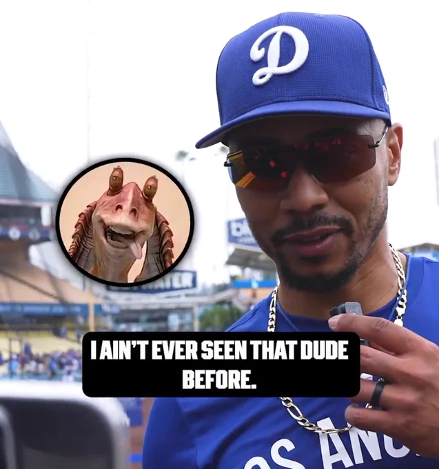 Mookie Betts is shown with a small microphone. A picture of Jar Jar Binks is edited in. The caption reads “I ain’t ever seen that dude before”.