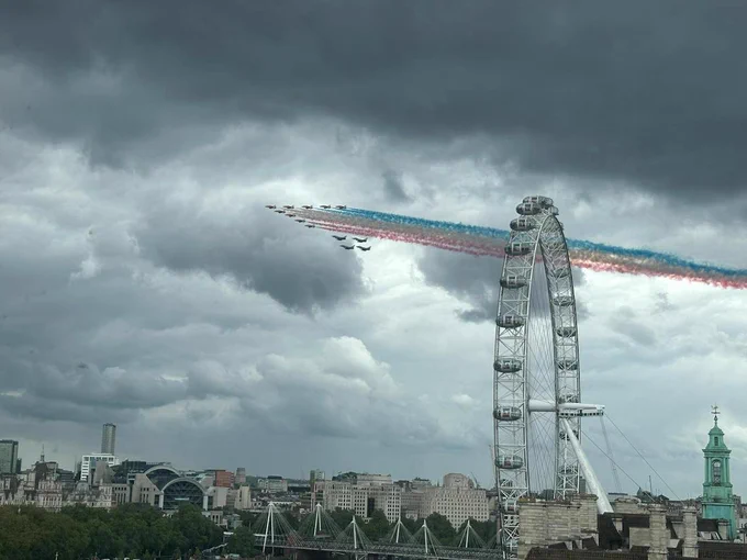 A picture of the Red Arrows flying through London. The Eye is in the foreground.