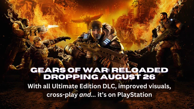 Image depicting key art for Gears of War: Reloaded, with a headline and subheading superimposed.