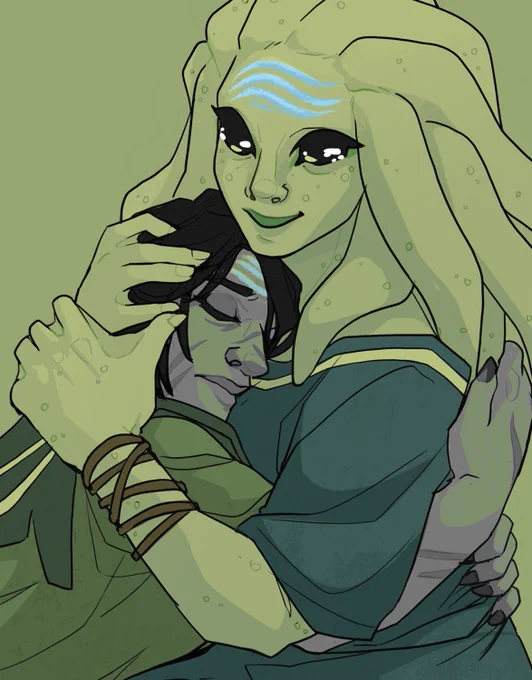 A digital fanart illustration of Kor and Yana from Star Wars’ High Republic series. Kor, a yellow-green Nautolan is embracing her Evereni girlfriend Yana Ro in her arms.