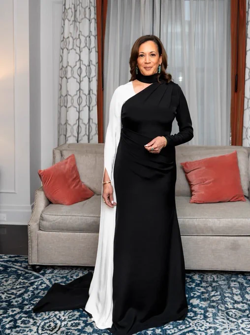 Vice President Kamala Harris dressed in a black and white gown for the 2025 Met Gala.