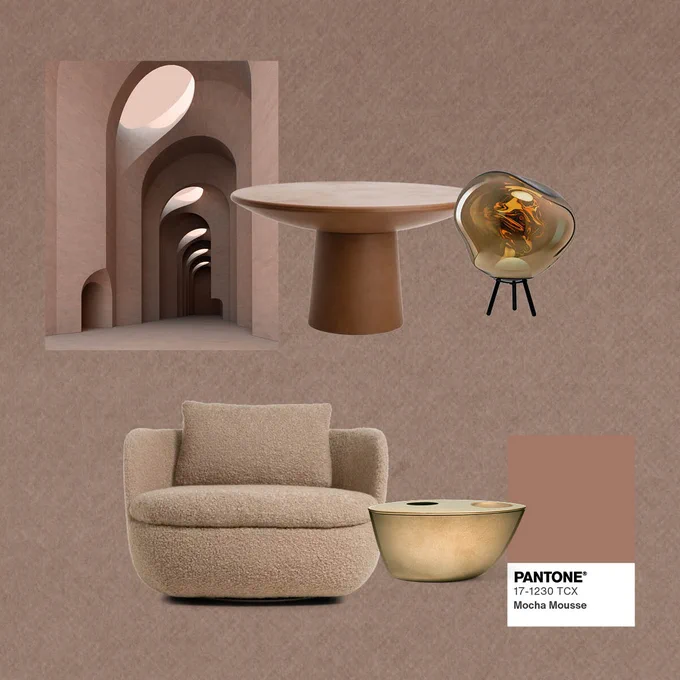 Mood board featuring a collection of modern furniture and decor in Pantone Mocha Mousse color theme. There is a cozy-looking armchair in the foreground, beside a small table and a decorative golden bowl. In the background, there's an artistic poster showing an arched hallway.