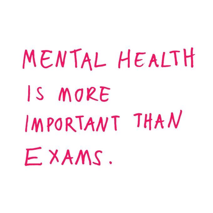 Red pen writing on a white background. Text reads: Mental health is more important than exams.