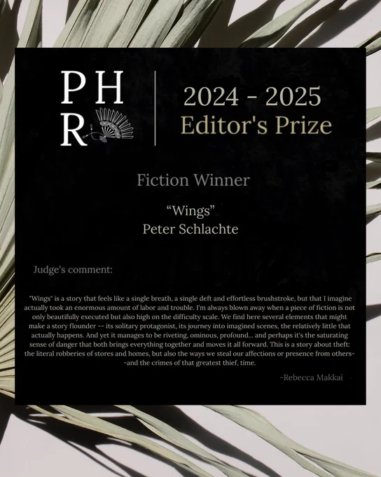 We're so excited to announce the results of our 2025-2026 Editor's Prize Fiction Winner: "Wings" by Peter Schlachte! Congratulations to our finalists and thank you to our judge, Rebecca Makkai!  Green palm leave in sunlight 