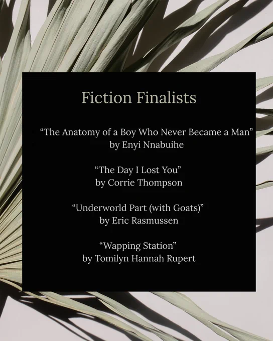 Fiction Finalists: The Anatomy of a Boy Who Never Became a Man” by Enyi Nnabuihe
“The Day I Lost You” by Corrie Thompson
“Underworld Part (with Goats)” by Eric Rasmussen
“Wapping Station” by Tomilyn Hannah Rupert