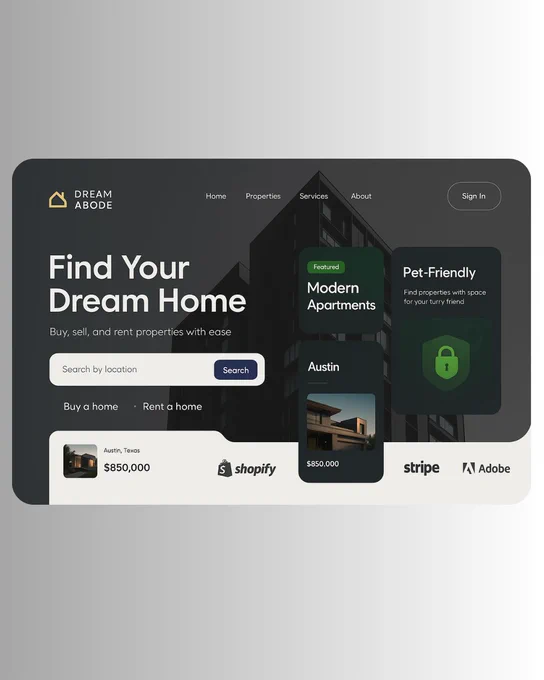 A modern hero section UI design for a real estate website named "Dream Abode." The layout features a sleek, dark theme with a bold headline, property search filters, and highlighted service cards overlaid on a high-rise building background. Clean typography and rounded card elements emphasize elegance and clarity.