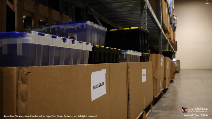 Metal storage shelves hold cardboard boxes where multiple containers of food and hygiene products are stored. There is a sign on the first cardboard box that reads “PASTA SAUCE.” The bottom left hand corner has text that reads, “LayerZero® is a registered trademark of LayerZero Power Systems, Inc. All rights reserved.” The bottom right hand corner has the official logo and below it reads the website name, “www.LayerZero.com”.
