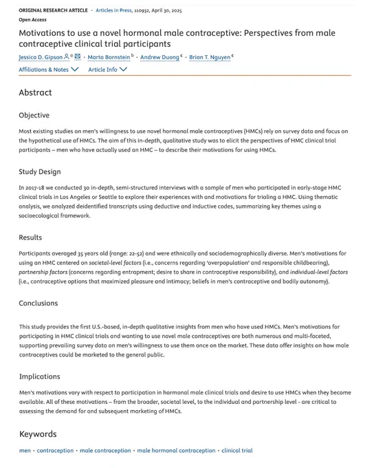 Abstract of a research article titled "Motivations to use a novel hormonal male contraceptive: Perspectives from male contraceptive clinical trial participants". The study explores the perspectives of male clinical trial participants on using a new hormonal contraceptive method. Key themes include motivations such as shared responsibility, partner support, and reproductive control. The research highlights interest in male contraceptive options and broader implications for gender equity in family planning.