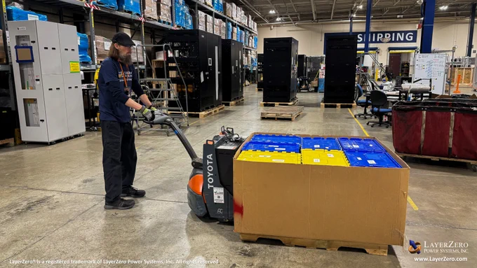 A man with glasses, a hat, and beard holds a pallet jack. He is moving a cardboard box holding containers filled with food and hygiene products. The background shows power systems. The bottom left hand corner has text that reads, “LayerZero® is a registered trademark of LayerZero Power Systems, Inc. All rights reserved.” The bottom right hand corner has the official logo and below it reads the website name, “www.LayerZero.com”.
