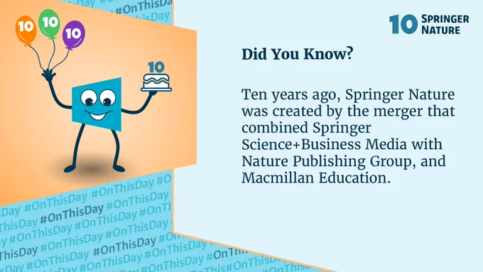 Did You Know?

Ten years ago, Springer Nature was created by the merger that combined Springer Science Business Media with Nature Publishing Group, and Macmillan Education.