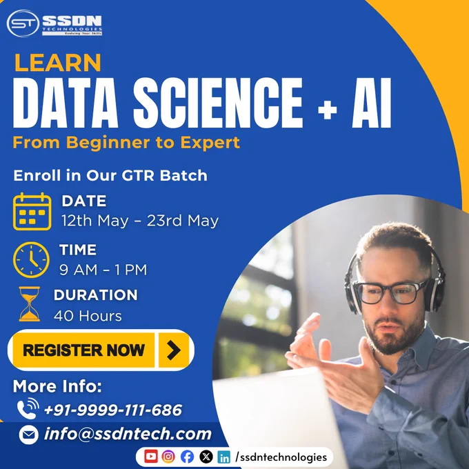 📢 Our Guaranteed-To-Run (GTR) Batch is here!
 
📅 Batch Dates: 12th May – 23rd May
🕘 Timings: 9 AM – 1 PM (Weekdays)
⏳ Duration: 40 Hours | 2 Weeks | 4 Hrs/Day
 
👨‍🏫 Trainer: Anand – Industry Expert in Data Science & AI 
📍 Mode: Live Online Training
 
💡 Why Join Our GTR Batches with the Best IT Training Company?
✔️ 100% Guaranteed-to-Run (No Cancellations)
✔️ Certified & Industry Expert Trainers
✔️ Hands-on Practical Labs & Real-World Scenarios
✔️ Limited Seats for Focused Learning
✔️ Courseware & Latest Version Trainings
Whether you're looking to upskill, transition into AI, or increase your income potential — this is the training you need. 🔥
 
📥 Limited seats available – Reserve yours today!