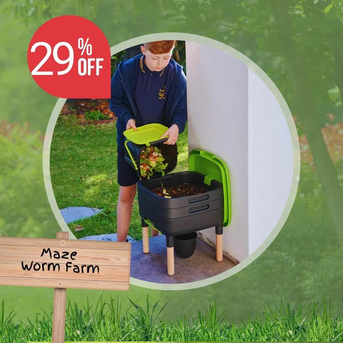 There is a maze worm farm, in a circle, with a red ping '29% off'. There is a wooden sign which reads Maze worm farm.
