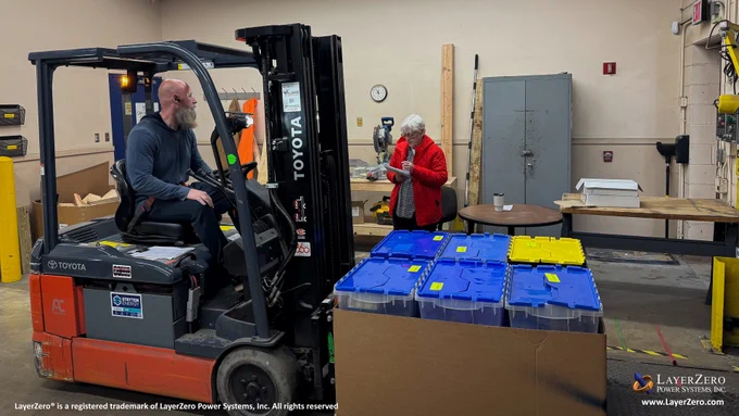 A man with a beard sits on a forklift staring to the side at an older woman who is looking down. The forklift holds one of the cardboard boxes filled with storage containers holding food and hygiene products. The bottom left hand corner has text that reads, “LayerZero® is a registered trademark of LayerZero Power Systems, Inc. All rights reserved.” The bottom right hand corner has the official logo and below it reads the website name, “www.LayerZero.com”.