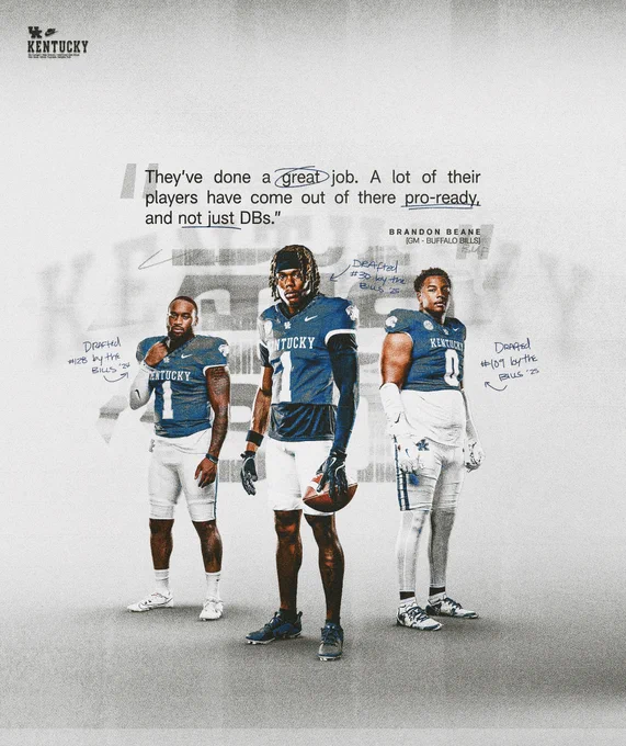 Graphic with Ray Davis, Maxwell Hairston, and Deone Walker. On screen text is a quote from the Bills GM Brandon Beane, "They've done a great job. A lot of their players have come out of there pro-ready, and not just DBs."