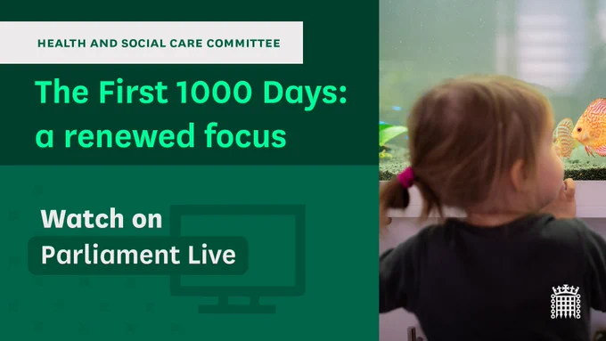 A toddler looking at fish in an aquarium. Text the reads:

Health and Social Care Committee. The first 1000 days: a renewed focus. Watch on Parliament Live.