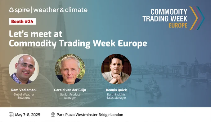 Schedule a meeting or stop by booth 24 to meet with our team. Dennis Quick, Ram Vadlamani, and Gerald van der Grijn are representing Spire Weather & Climate.